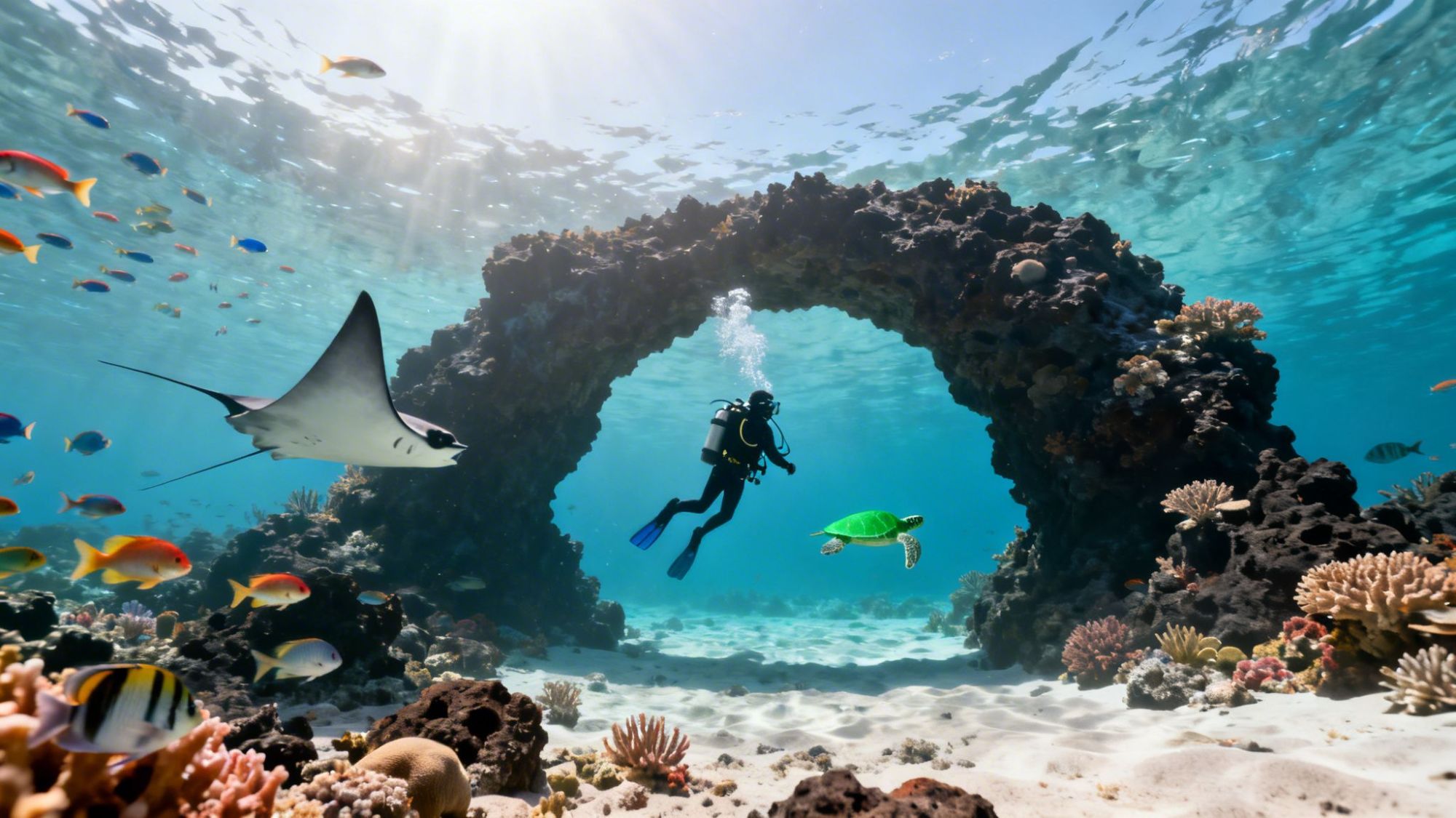Diver explores underwater arch with fish, stingray, and turtle in colorful coral reef.