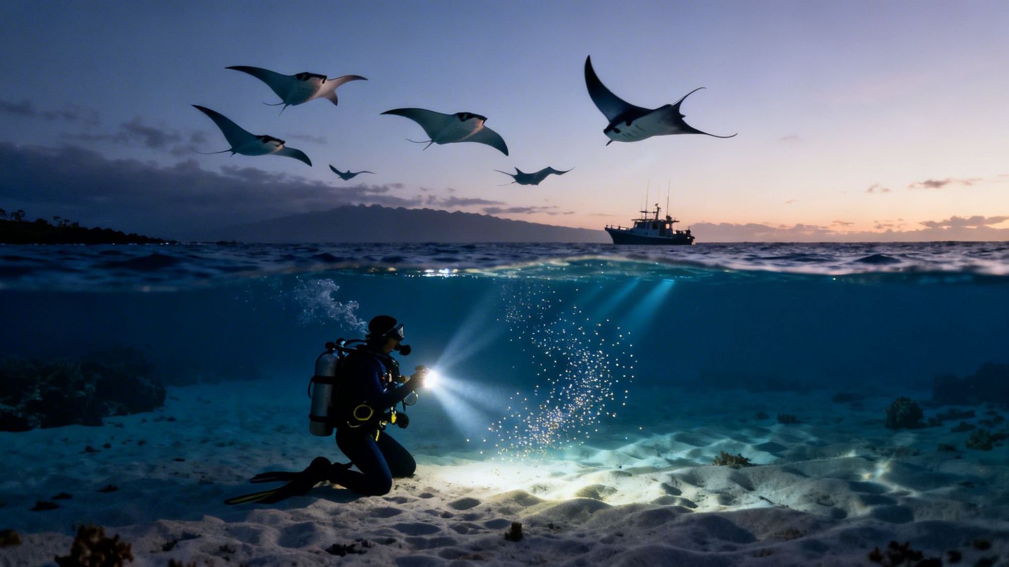 Diver with flashlight underwater, rays swimming above, and a boat at sunset.