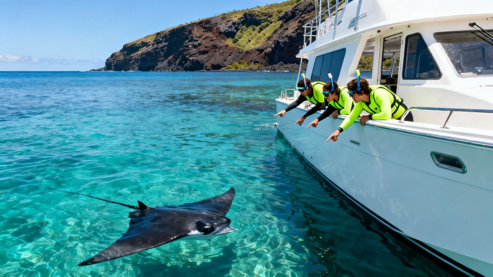 Three people in wetsuits on a boat pointing at a manta ray in clear blue water.