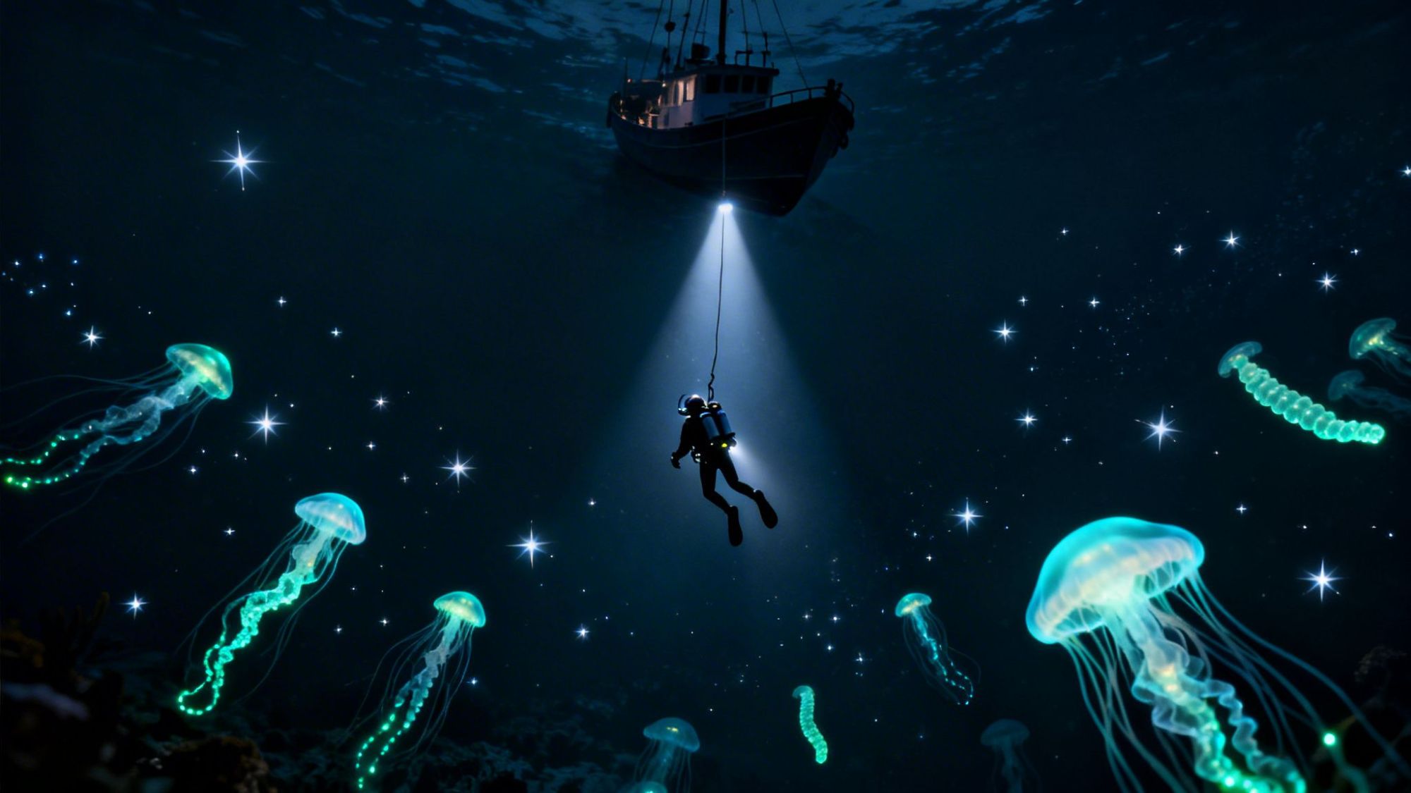 Diver suspended under boat spotlight surrounded by glowing jellyfish in dark water.