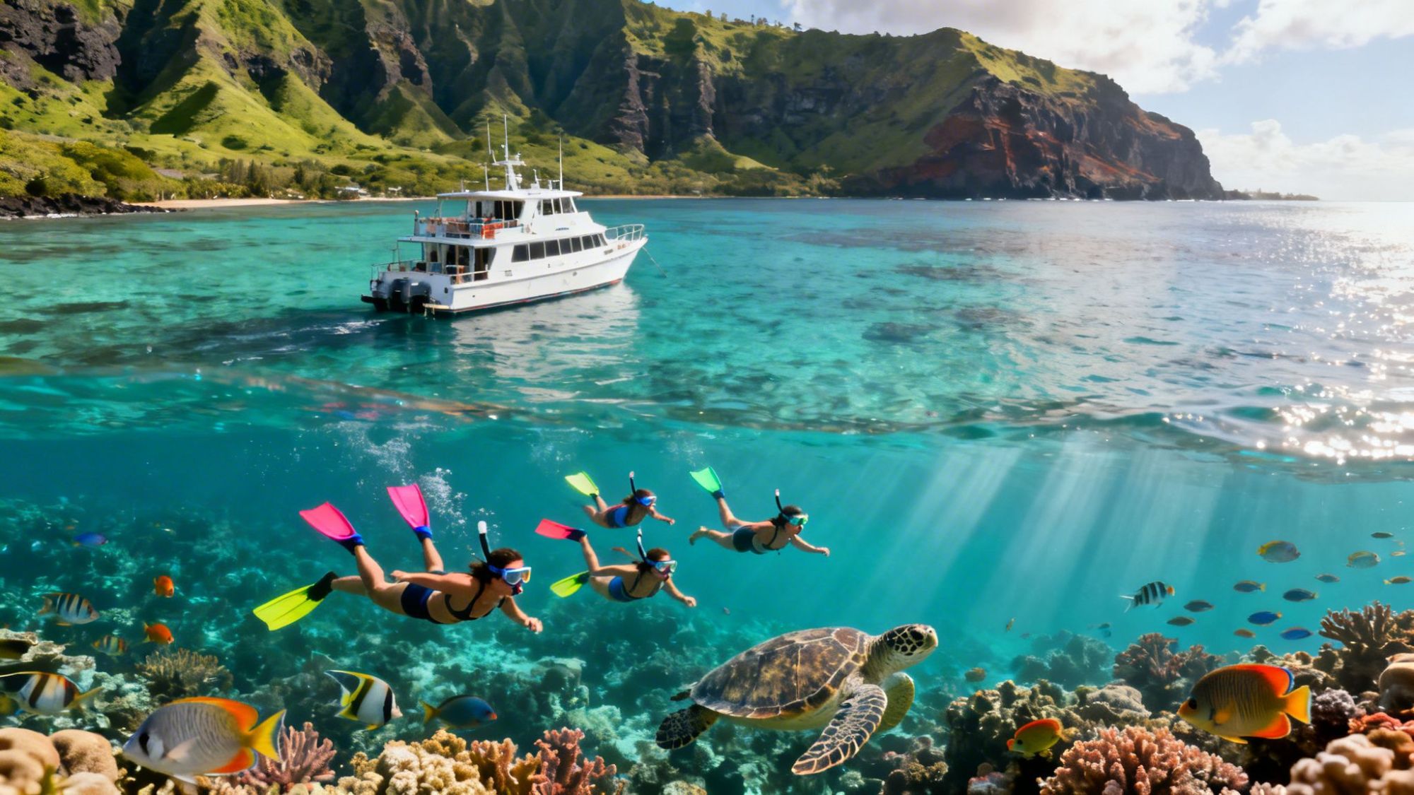 Snorkelers swim with sea turtle over coral reef, boat in background, island mountains.