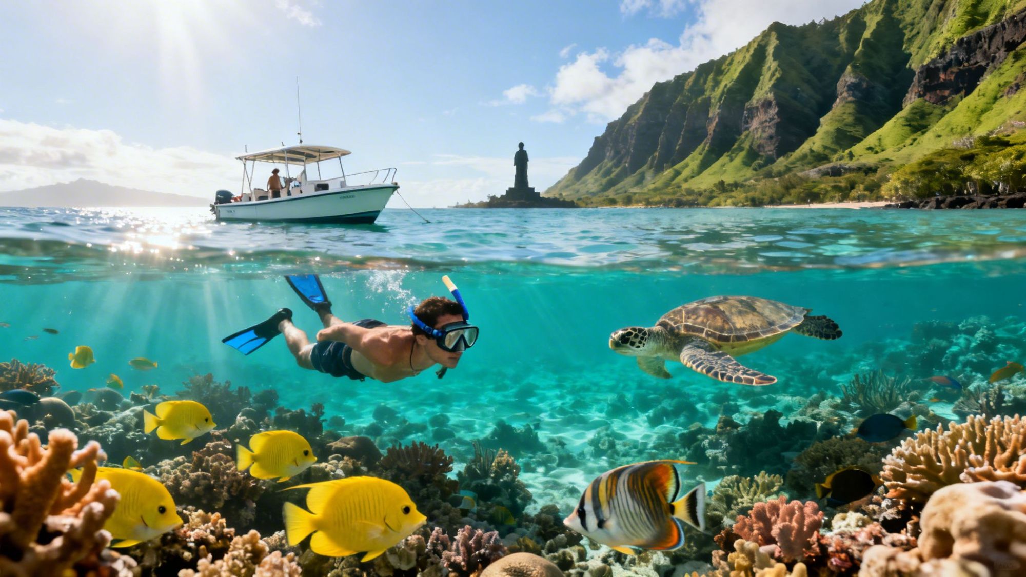 Person snorkeling near fish and turtle, with boat and mountain in the background.