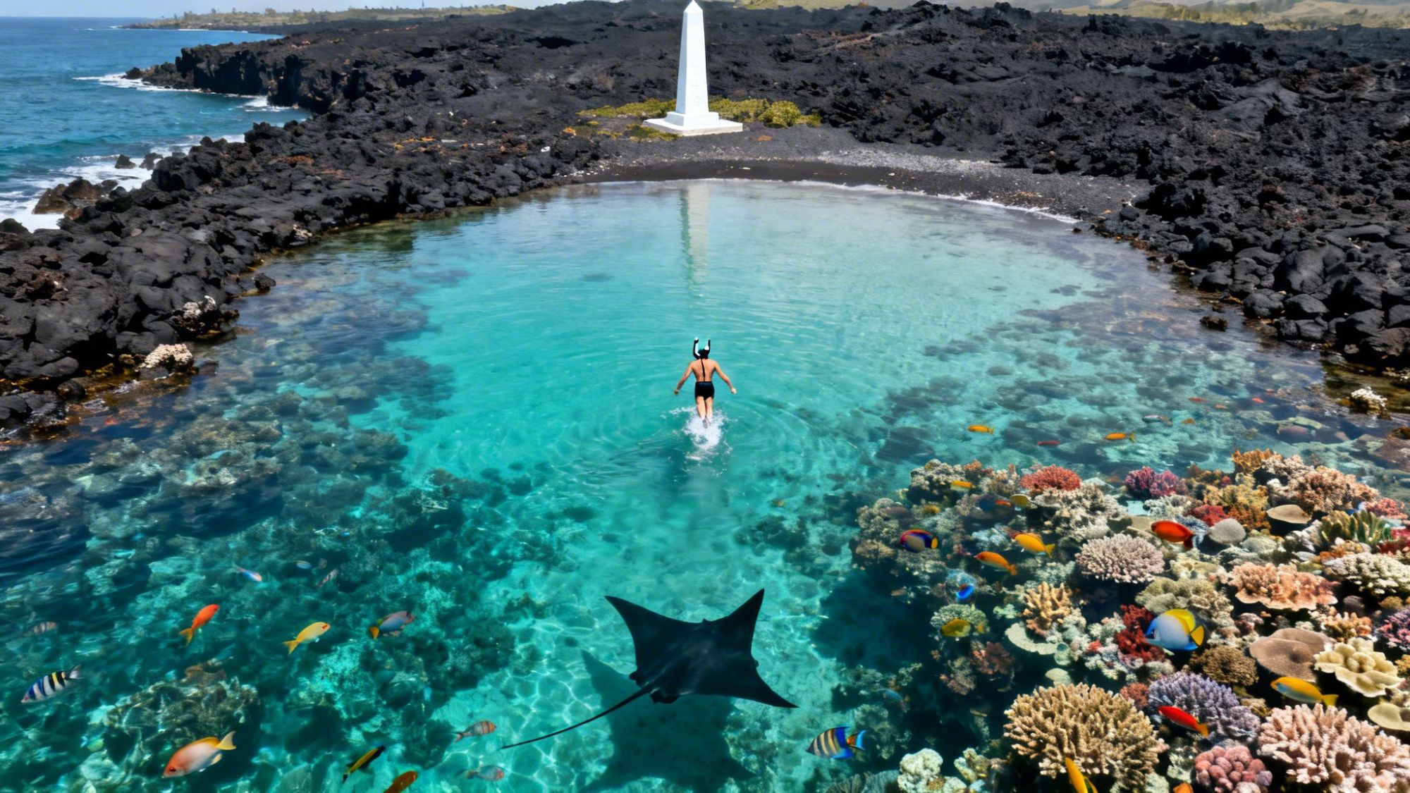 Person snorkeling in clear lagoon with coral and fish, near rocky shore with a white monument.