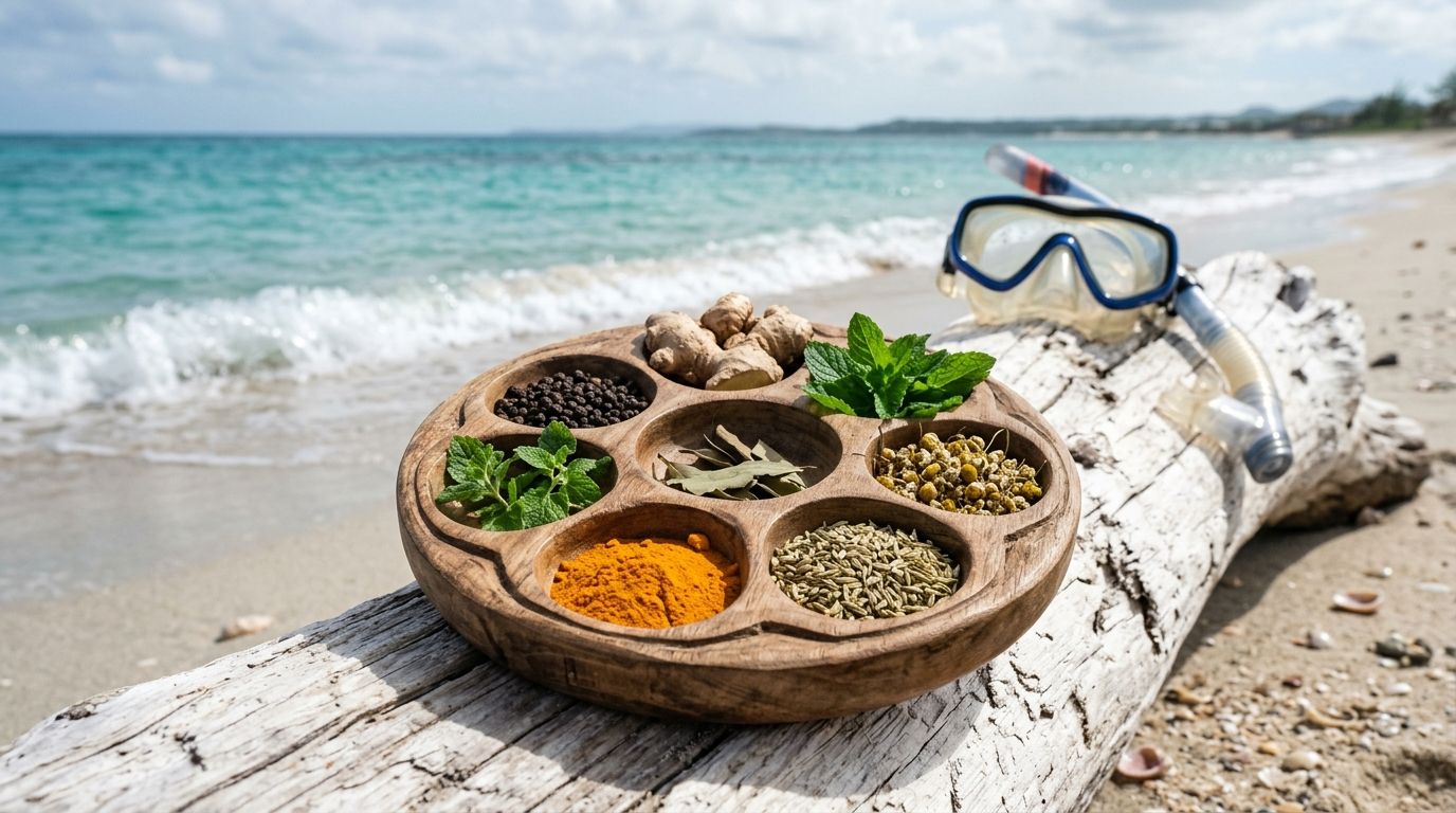 Diverse spices on a wooden tray, snorkel nearby, atop driftwood on a beach with ocean backdrop.