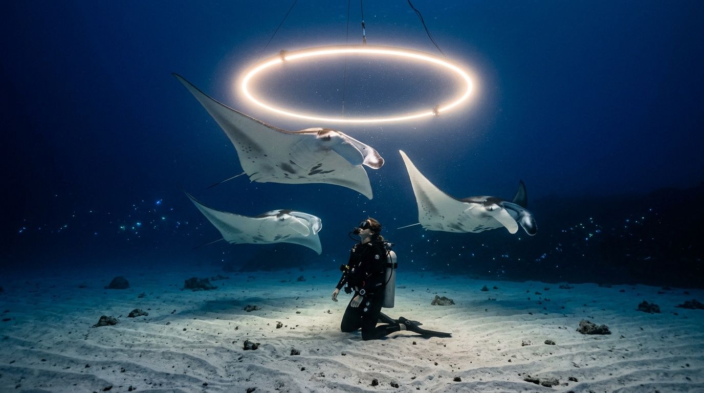 Diver kneels underwater beneath light ring, surrounded by three manta rays.