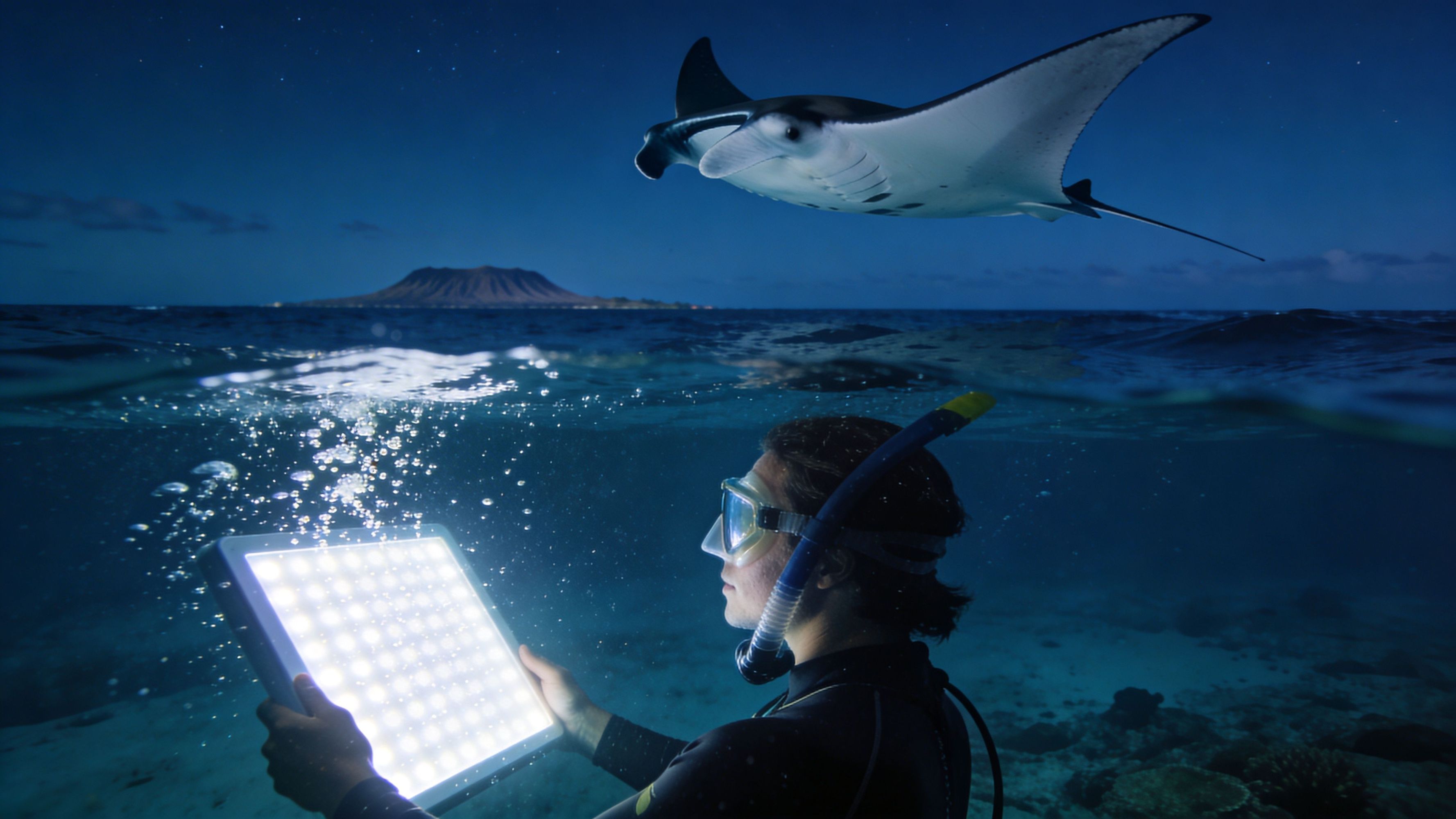 Diver with a light panel underwater, manta ray swimming above.