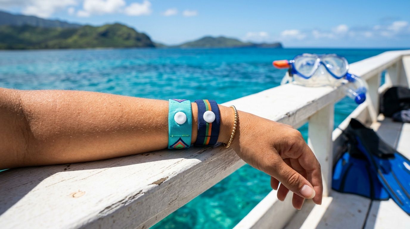 Arm with wristbands on boat railing over turquoise sea with snorkeling gear nearby.
