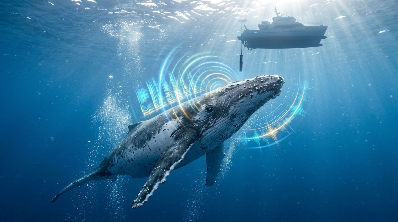 Whale underwater with sonar waves, boat on surface above.