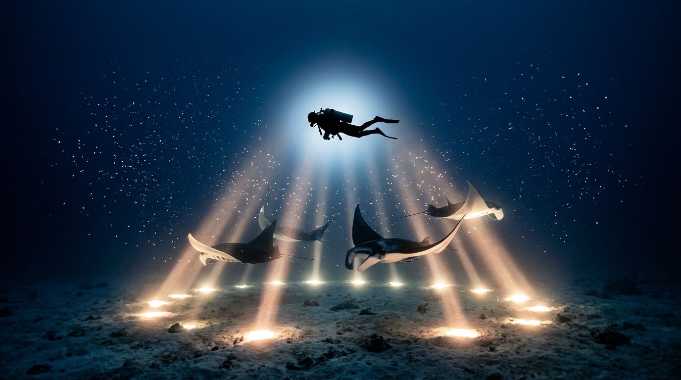 Diver illuminated by beams of light above manta rays in the ocean.