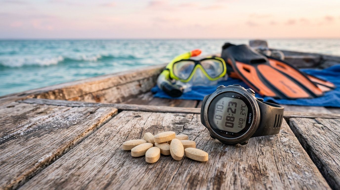 Diving gear and watch on a wooden table by the sea.