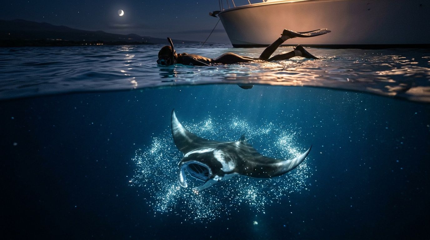 Snorkeler above a manta ray underwater at night, near a boat.