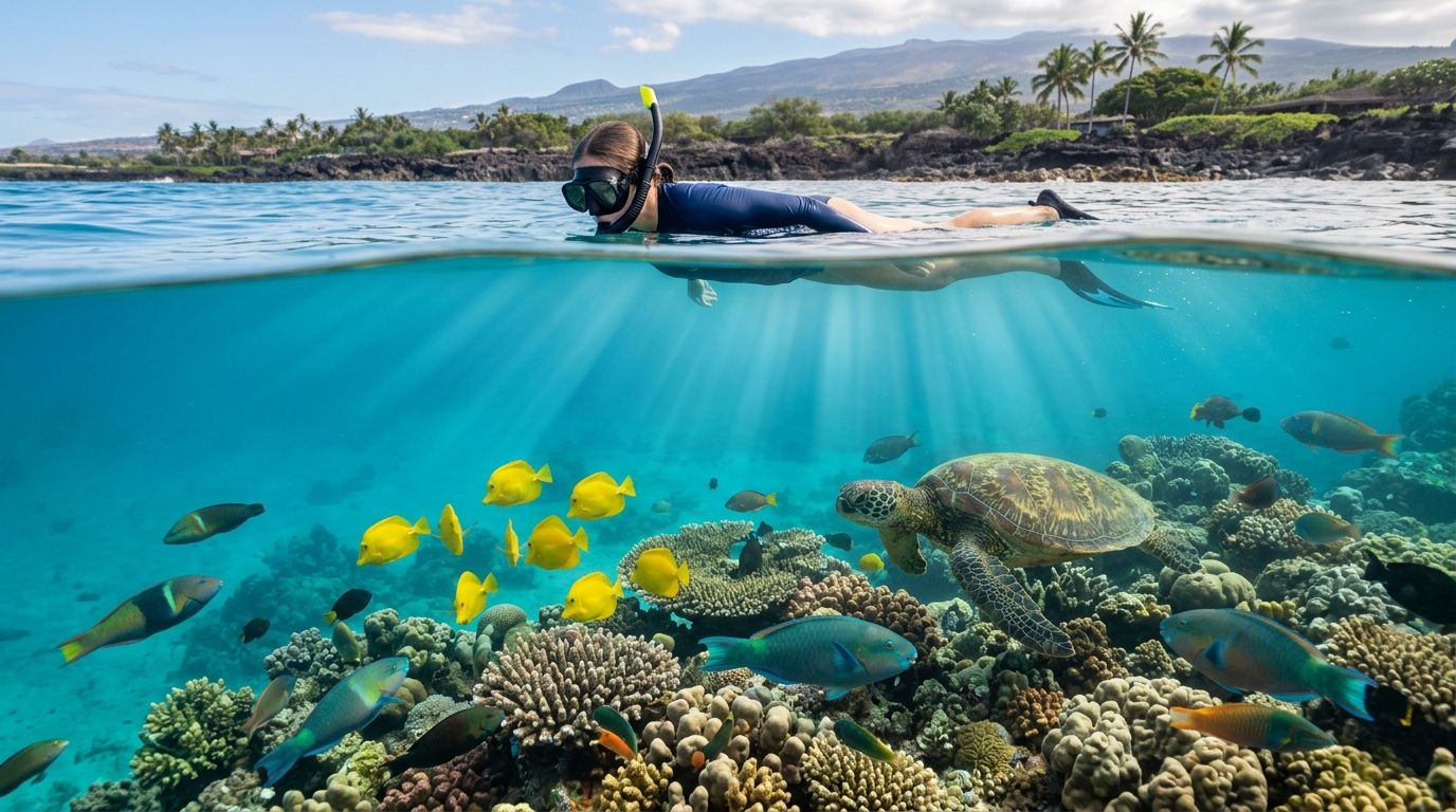 Snorkeler above vibrant coral reef with fish and a turtle.
