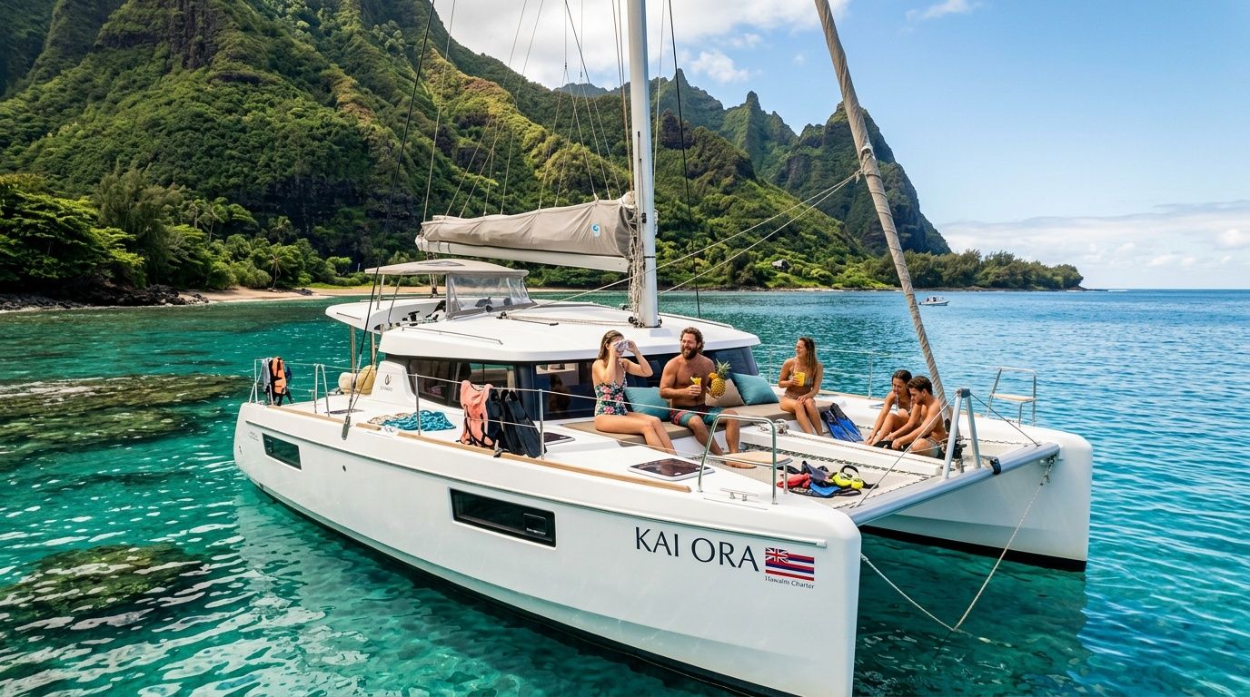 People relaxing on a sailboat in clear waters near lush green mountains.