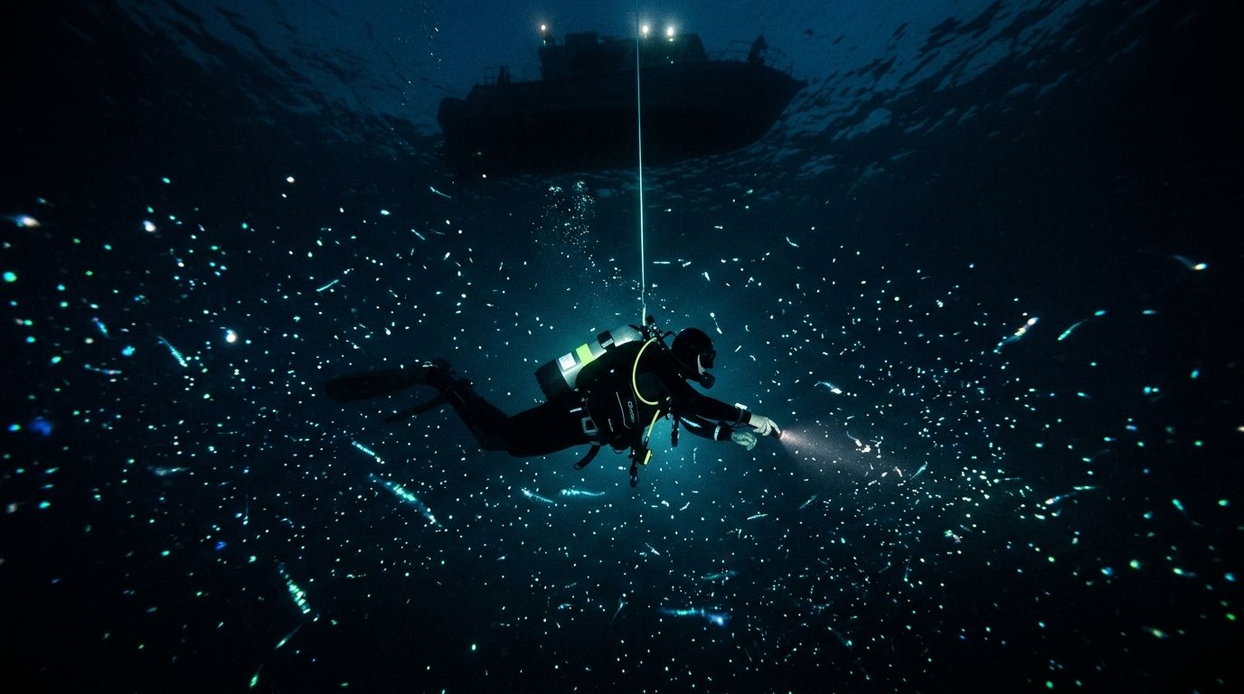 Scuba diver with flashlight underwater surrounded by glowing particles, boat visible above.