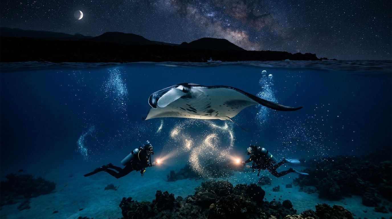 Night divers with flashlights observe a giant manta ray underwater.