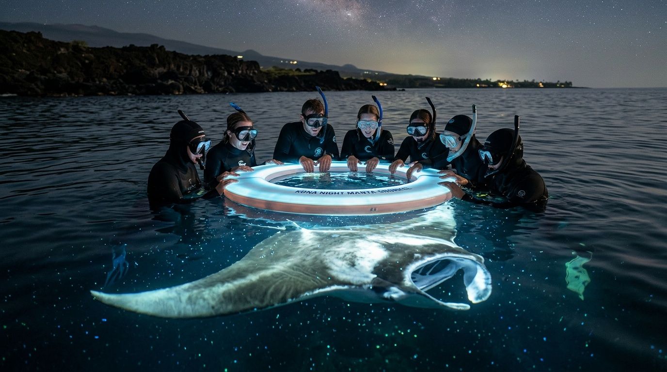 Divers in a circle watch a manta ray swim below a lit floating device at night.