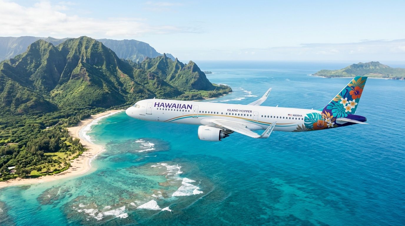 Airplane flying over tropical island with lush mountains and turquoise water.