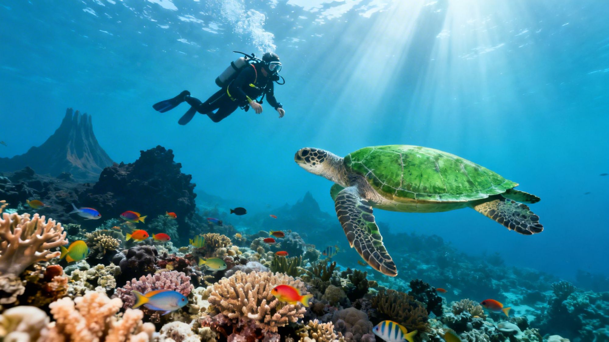 Diver swims near a sea turtle over colorful coral reef in sunlight.