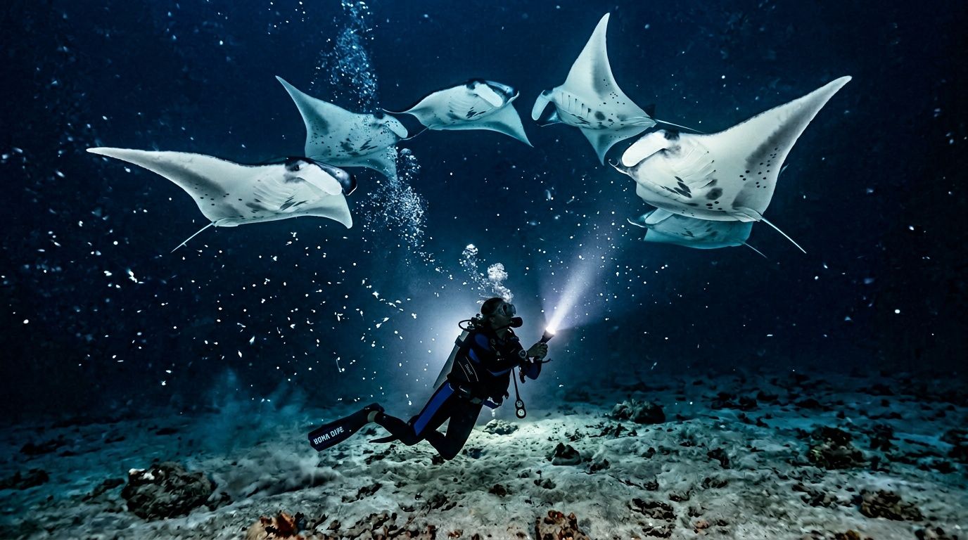 Diver with flashlight watching four manta rays swimming underwater.