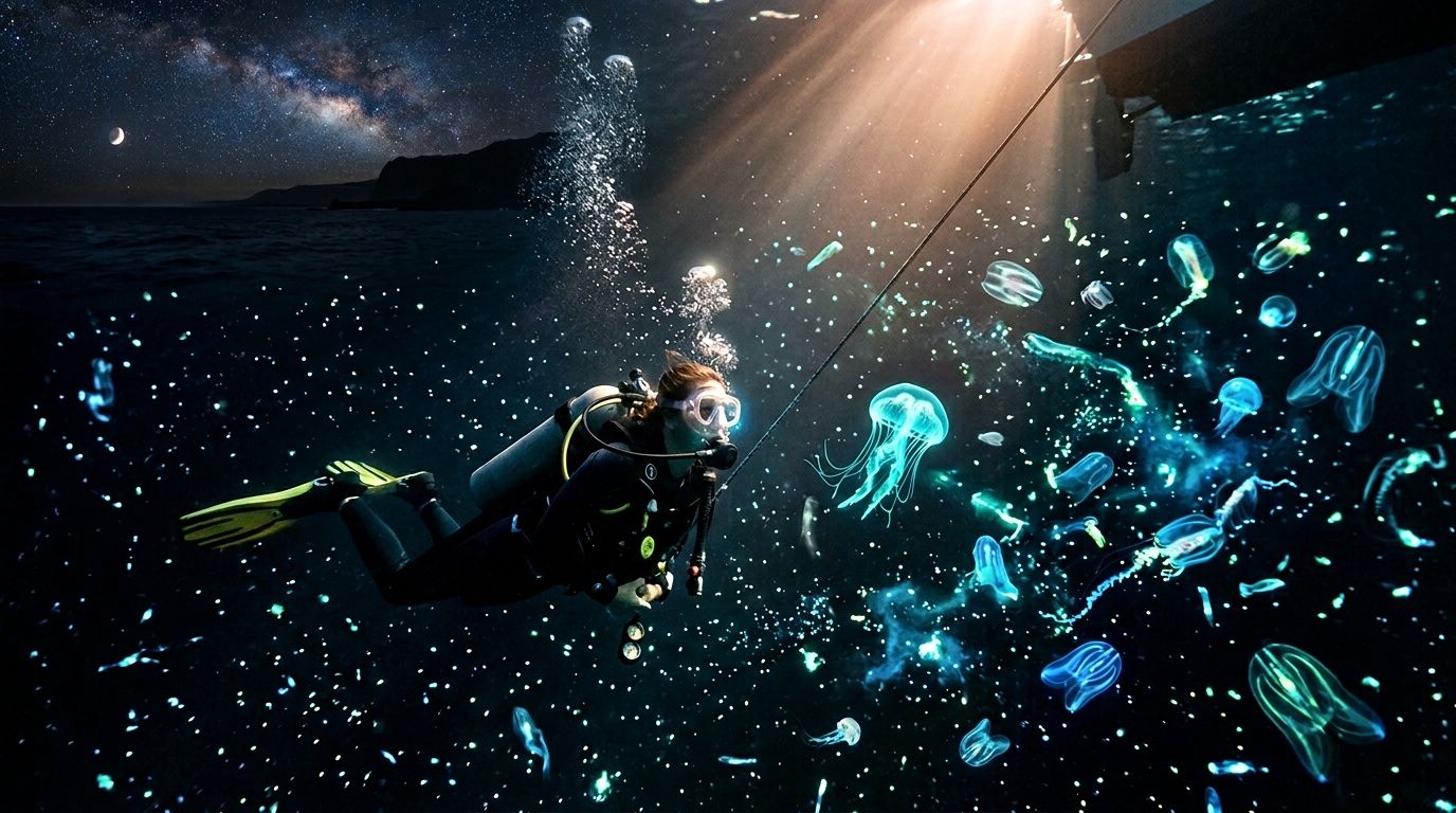 Scuba diver underwater with glowing jellyfish, night sky above.