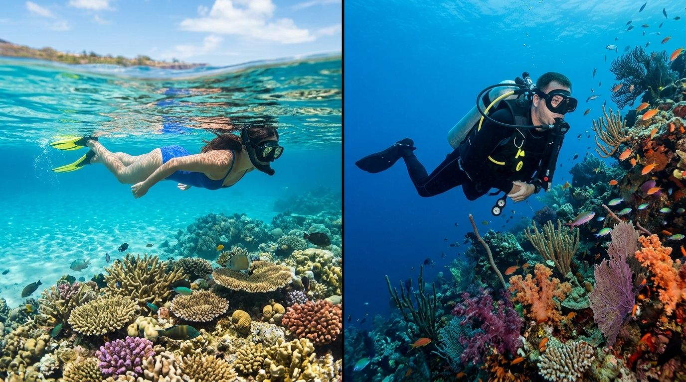 Two divers exploring coral reefs, one snorkeling and one scuba diving, in clear blue water.