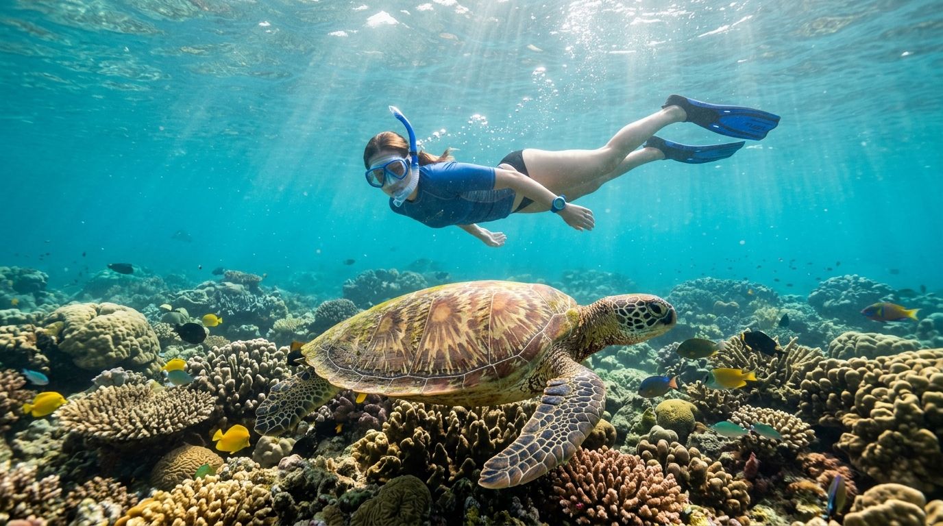 Snorkeler swims above coral reef with sea turtle, surrounded by sunlight and fish.