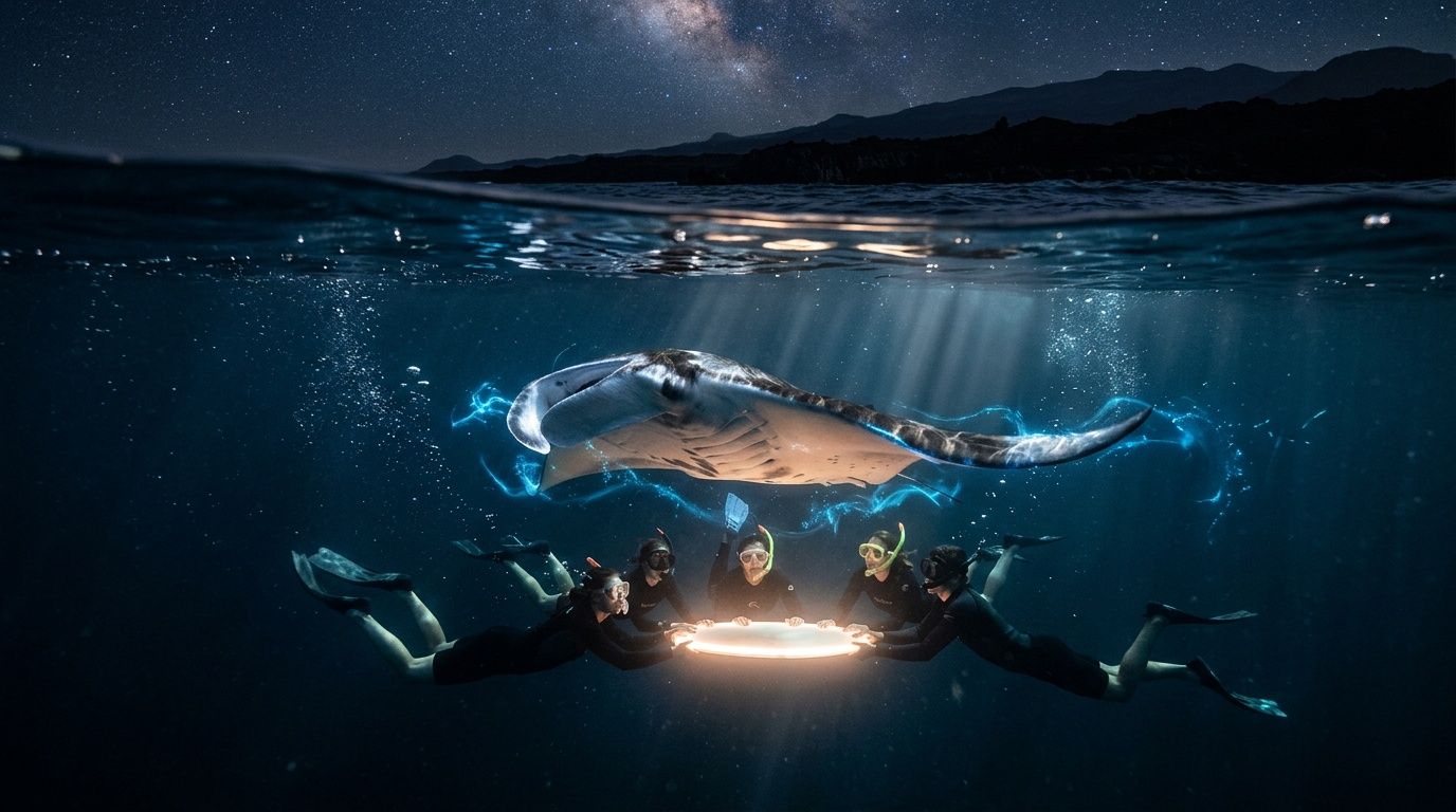 Divers in dark ocean under starlit sky with manta ray, holding a glowing ring.