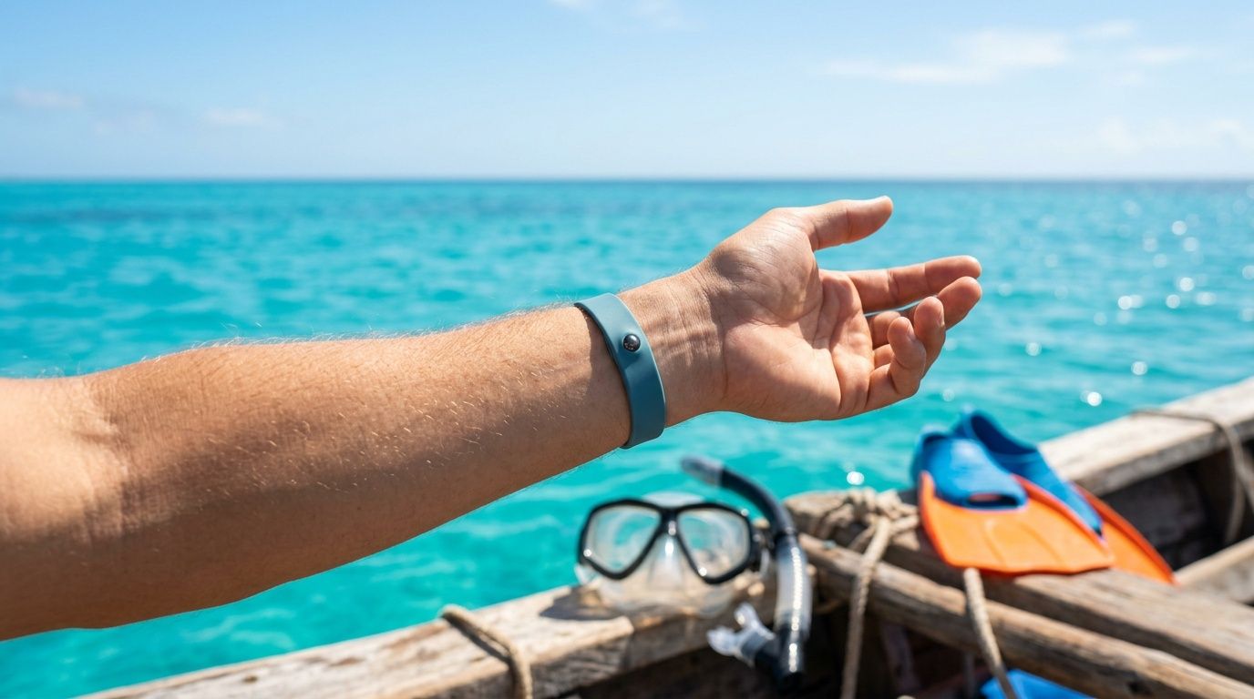 Arm with bracelet on a boat, snorkel gear, and an ocean view.