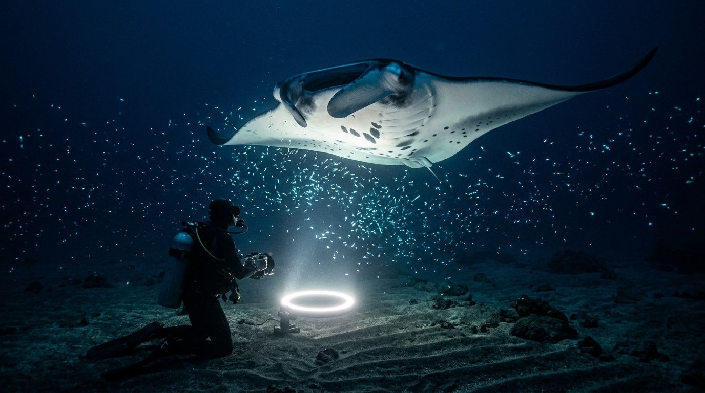 Diver photographing a manta ray near an underwater light ring, surrounded by small fish at night.