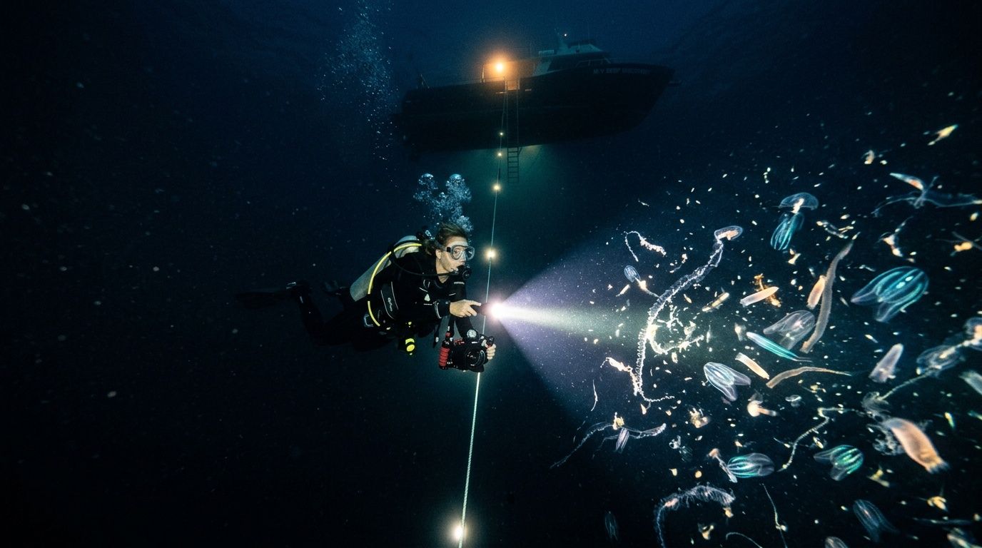 Diver underwater with flashlight near glowing aquatic creatures, boat above.