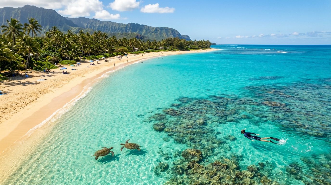 Tropical beach with turquoise water, two turtles, a snorkeler, and distant mountains.