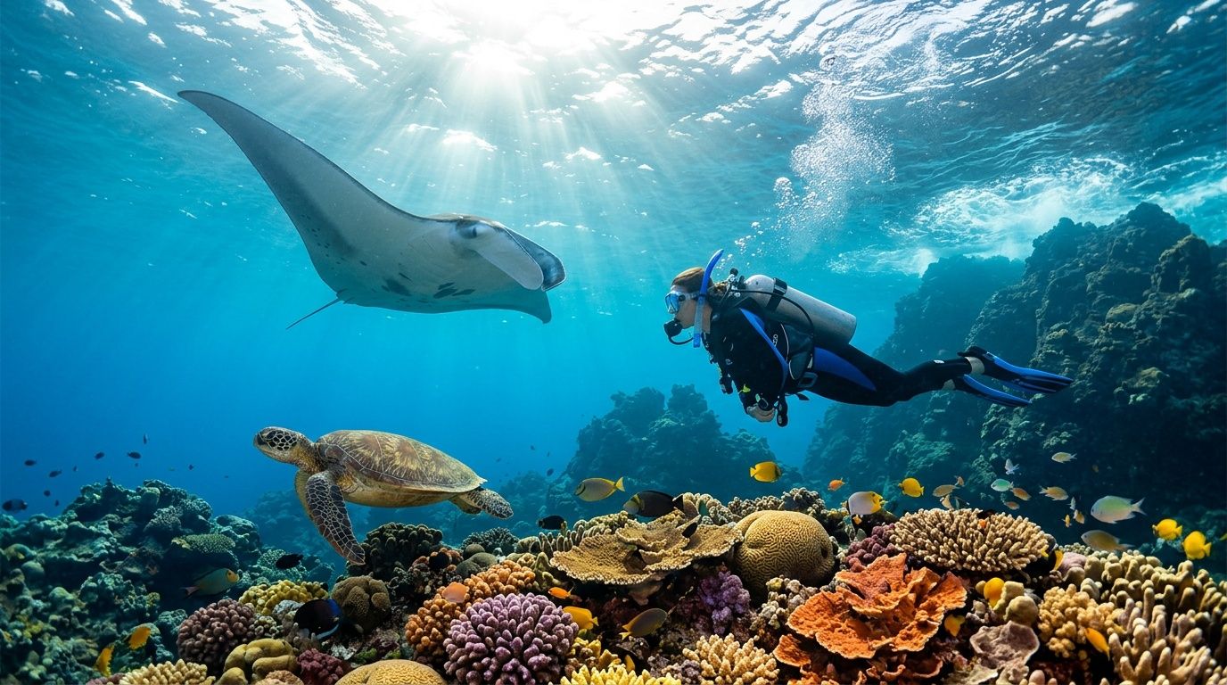 Diver swims near manta ray, sea turtle, and colorful coral reef under sunlight.