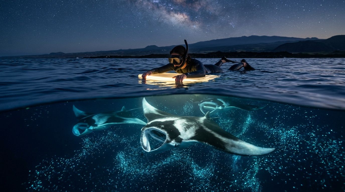 Snorkelers above water with manta rays swimming below under starry night sky.