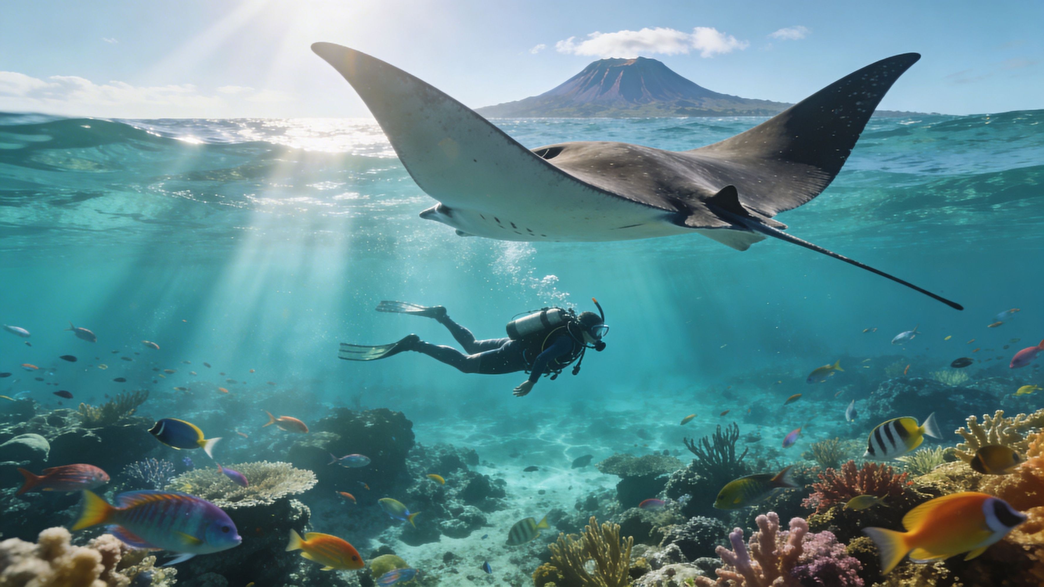 Scuba diver and manta ray swimming over colorful coral reef with mountain in background.