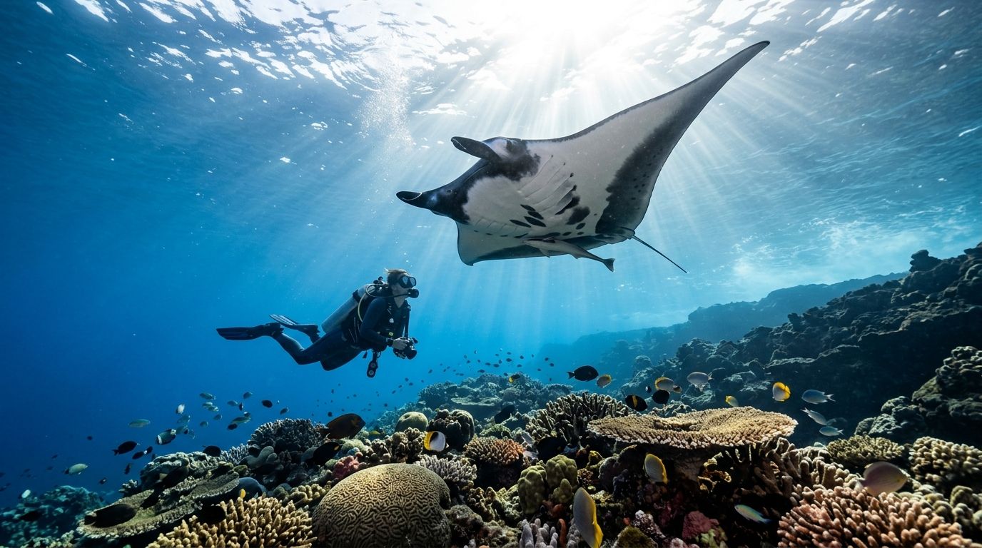 Diver swimming with manta ray above colorful coral reef in clear blue water.