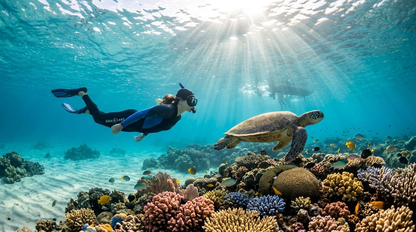 Diver swims near sea turtle over colorful coral reef under sunrays.