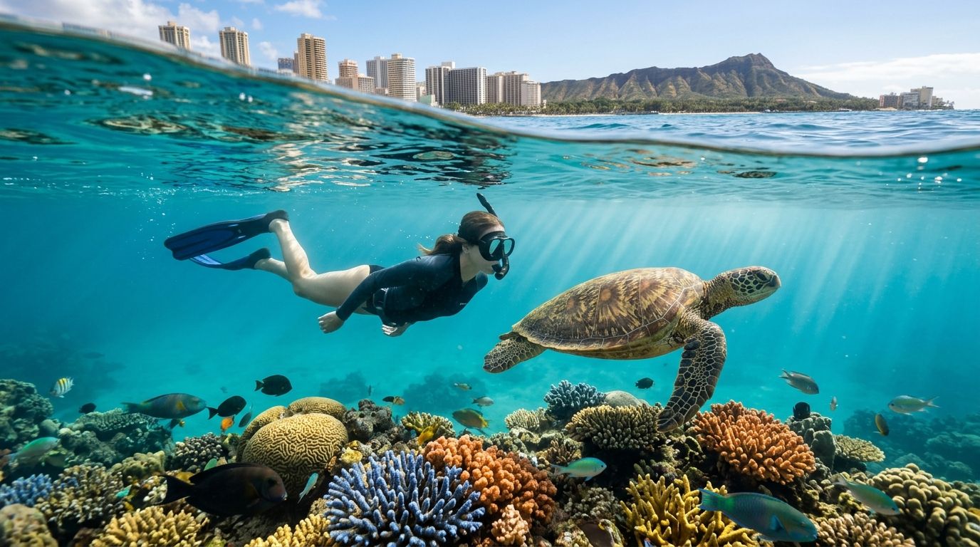 Snorkeler swims near a sea turtle above vibrant coral reef in clear ocean.