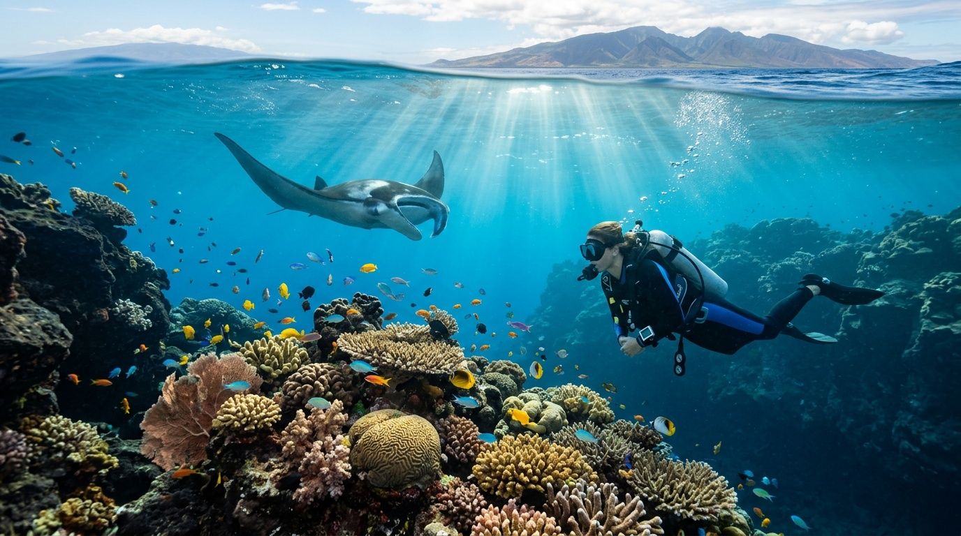 Scuba diver near coral reef with manta ray and colorful fish underwater.