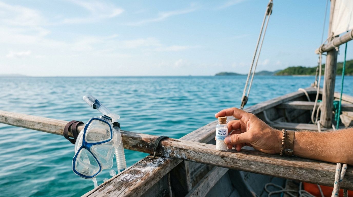 Hand holding a bottle labeled 'calm relief' on a boat, with a snorkel mask hanging on the side.