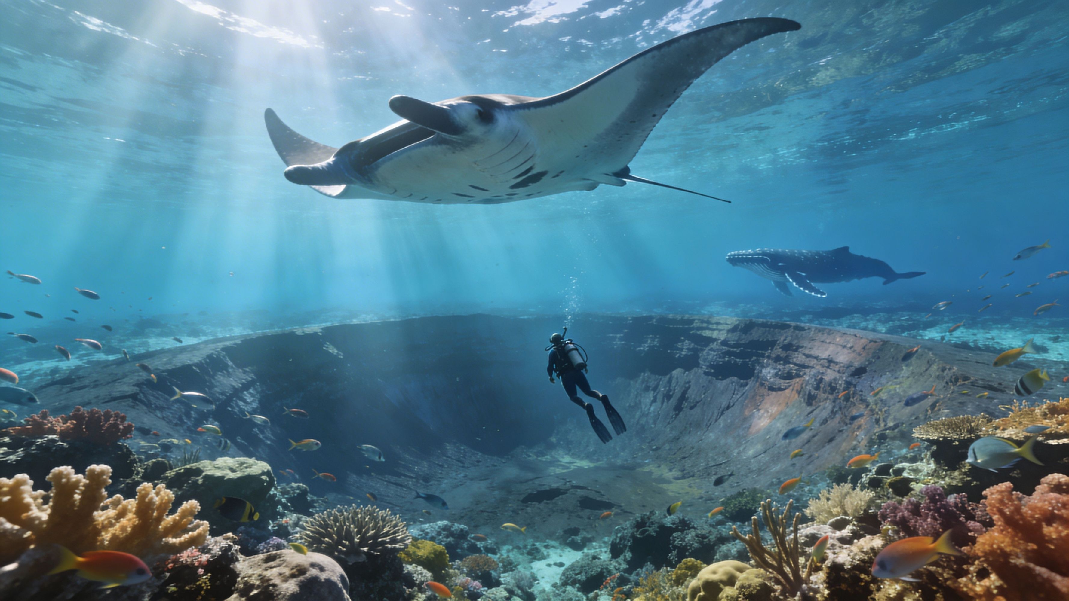 Diver under water near manta ray and coral reef with light rays.