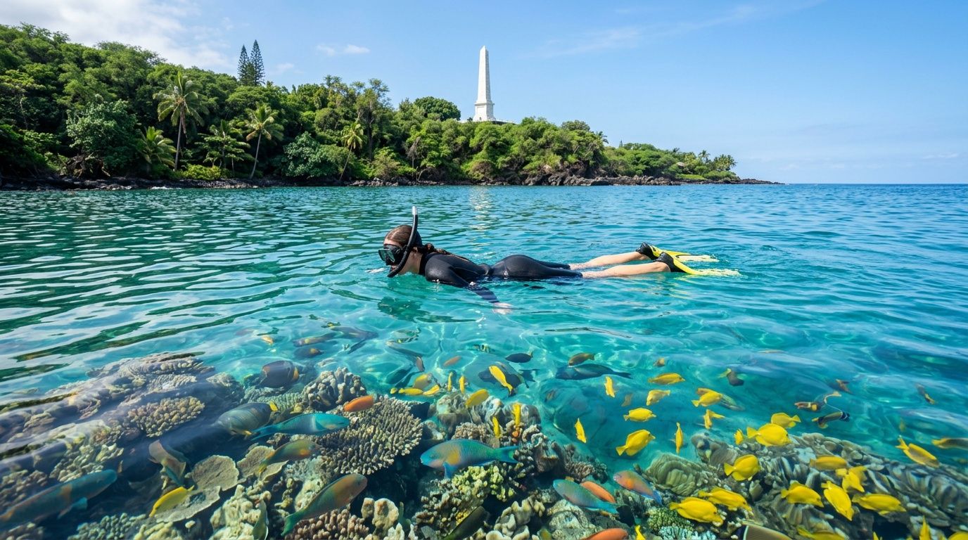 Snorkeler swimming over colorful coral reef near a lush, tree-covered island with a white tower.