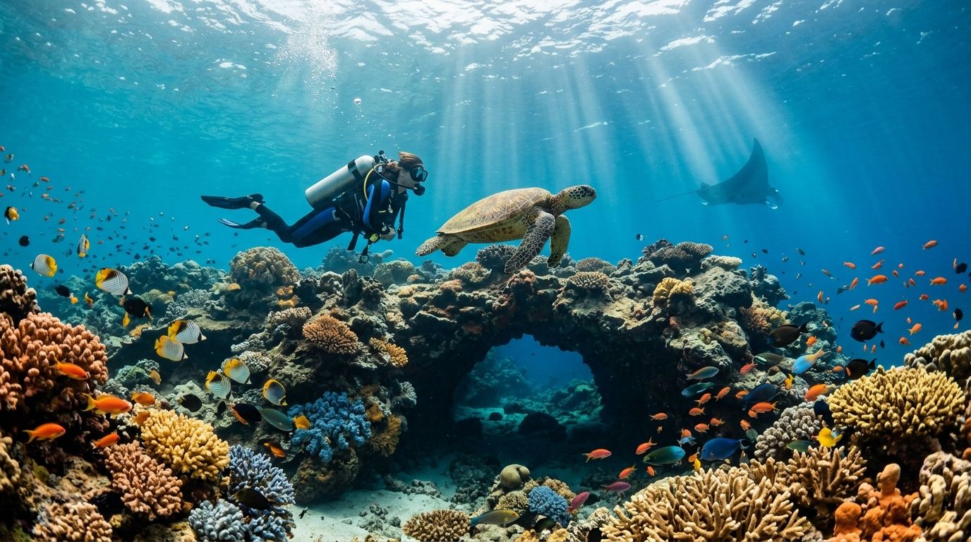Scuba diver swimming near a turtle over coral reef with fish and sunlight streaming through water.