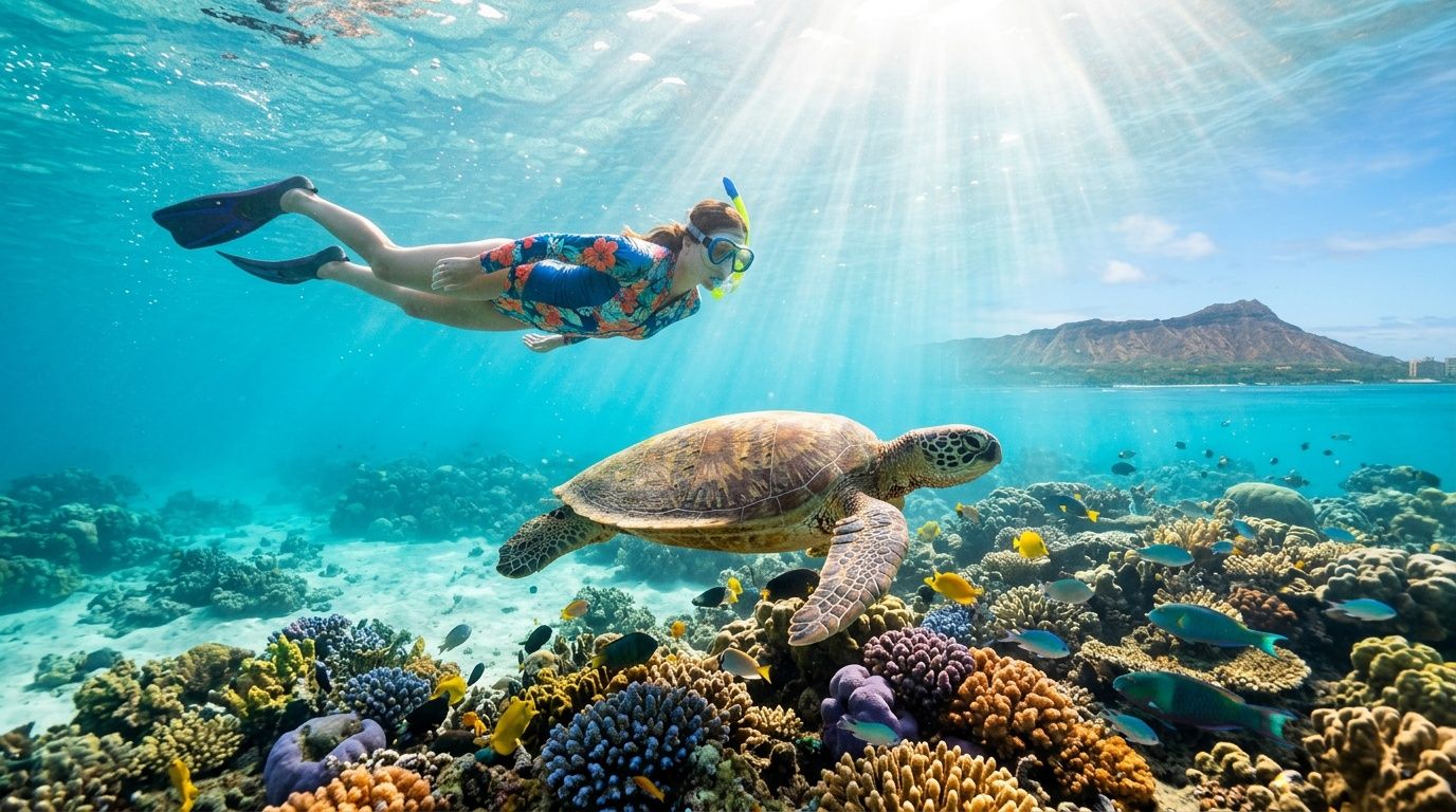 Snorkeler swims above a sea turtle and colorful coral reef with mountain in background.