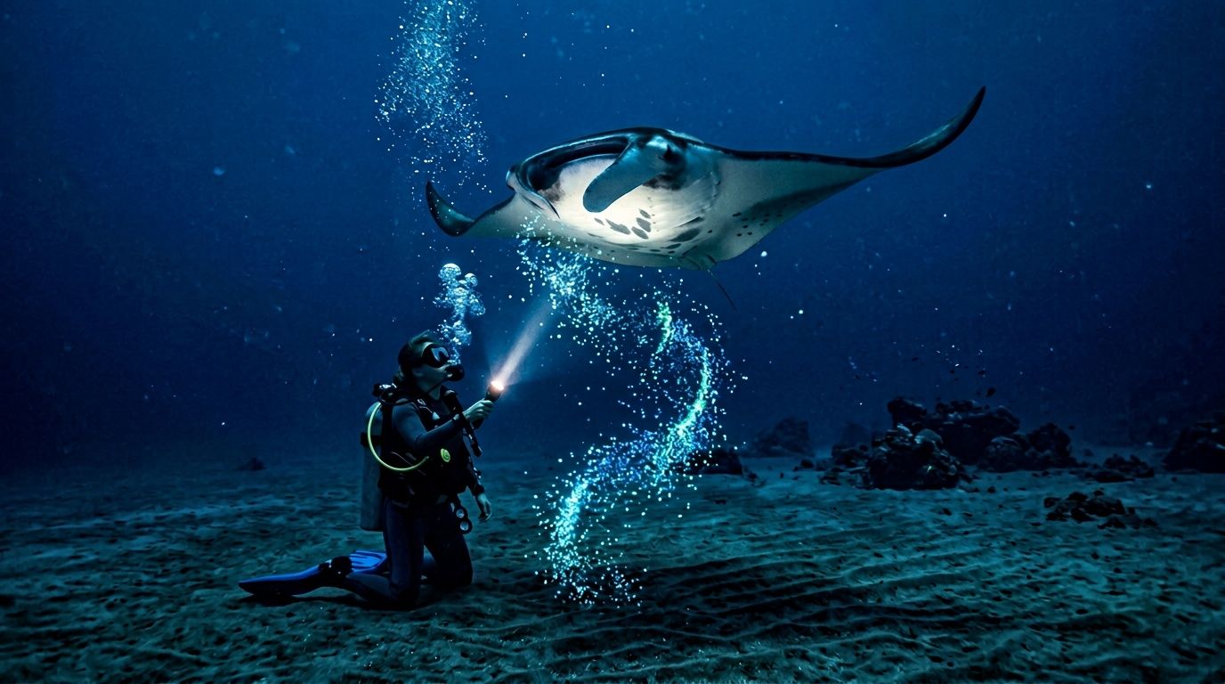 Diver with flashlight underwater facing a large manta ray.