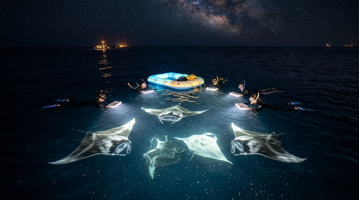 Divers observing manta rays under starry sky near a raft.