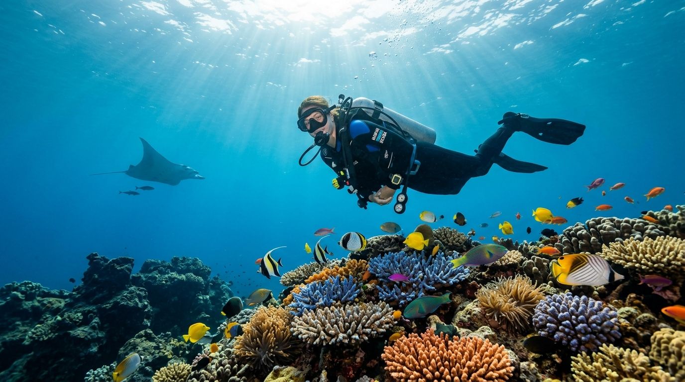 Scuba diver swimming over colorful coral reef with various fish, manta ray in background under sunlit water surface.