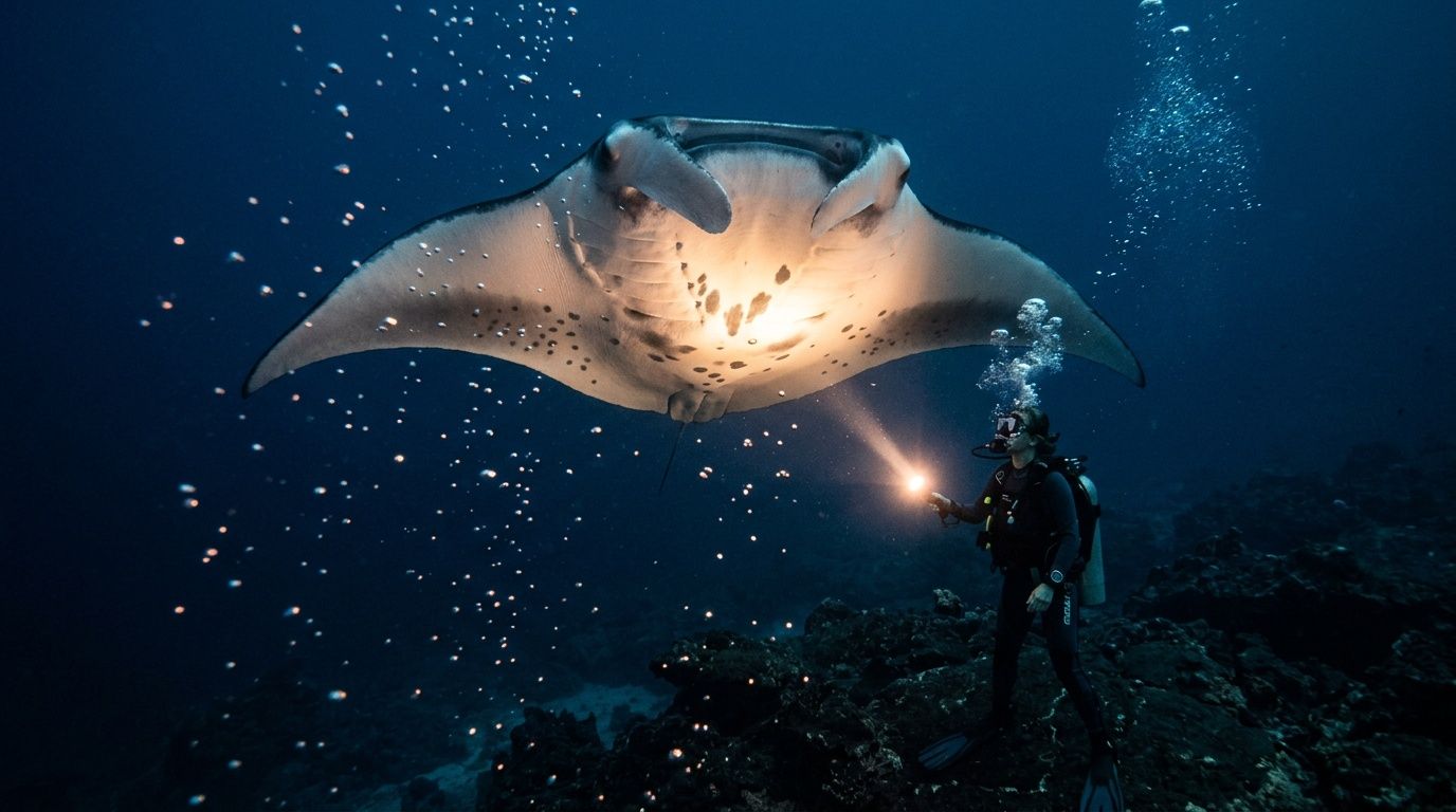 Diver with flashlight observing a manta ray underwater.