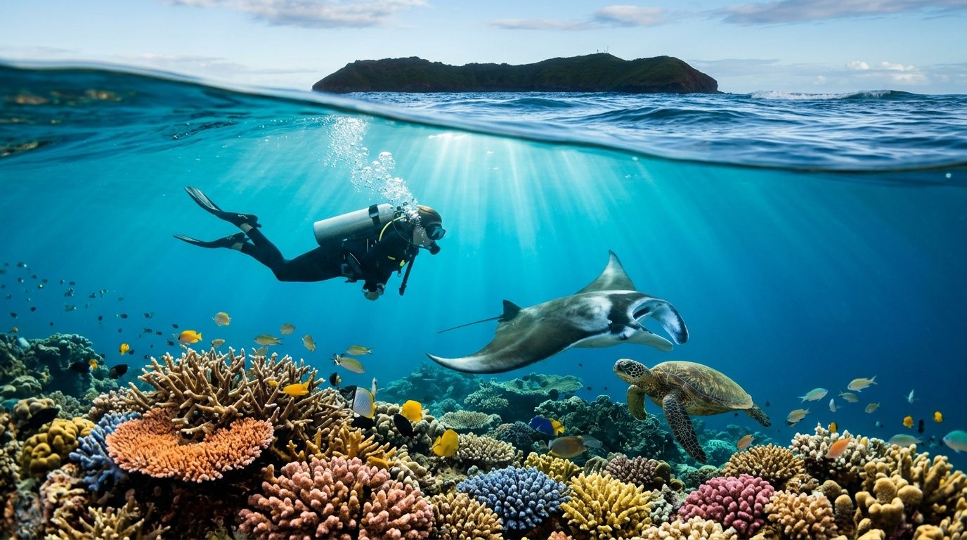 Diver swimming with a manta ray above vibrant coral reef with fish and a turtle.
