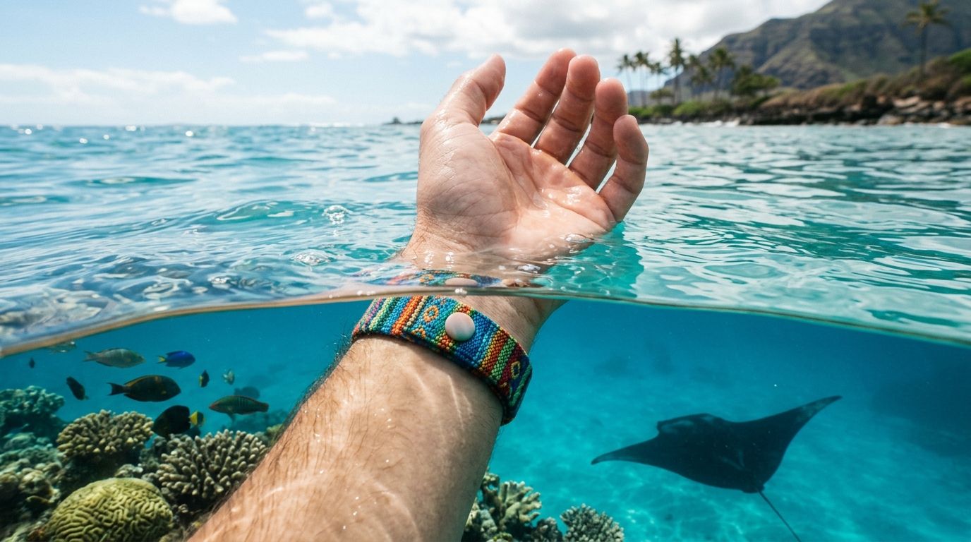 Hand in ocean with coral reef, fish, and manta ray underwater.