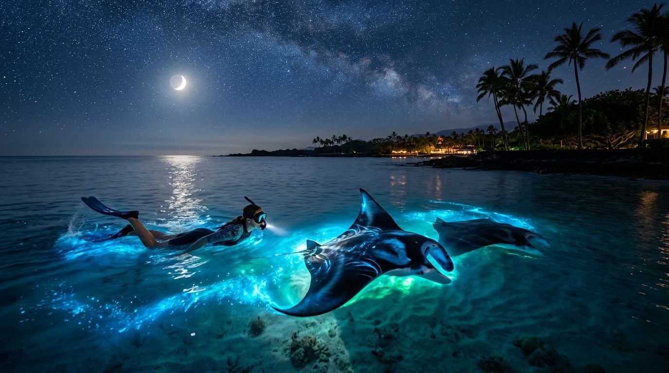 Person snorkeling with glowing manta rays under starry sky and crescent moon.
